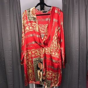 red satin long sleeve wrap dress